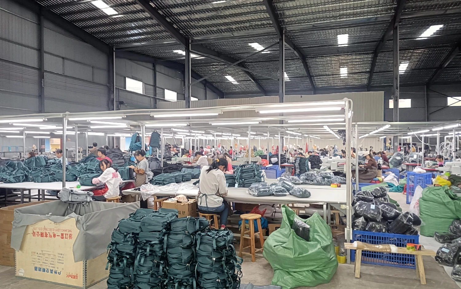 Factory production floor for OEM and ODM bag manufacturing